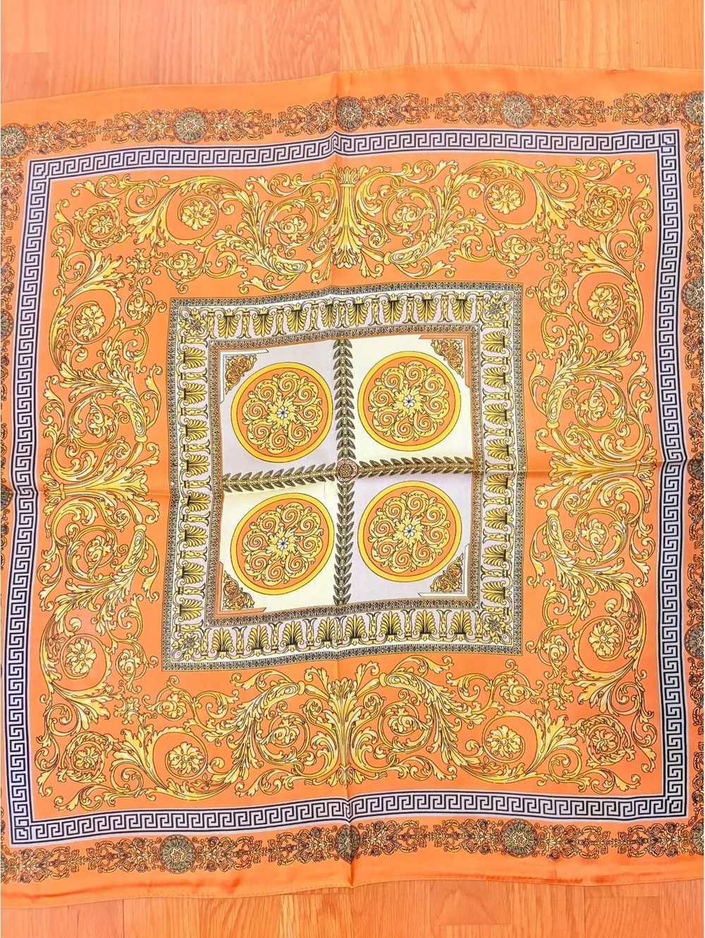 Elegant Orange Scarf with Golden Baroque and Greek Key Pattern